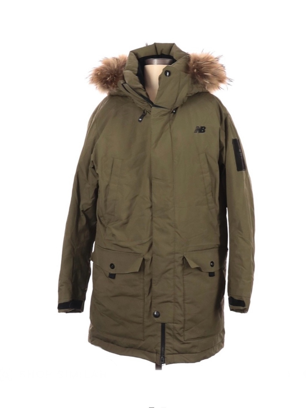 New Balance Olive Green Hooded Parka with Faux Fur Trim